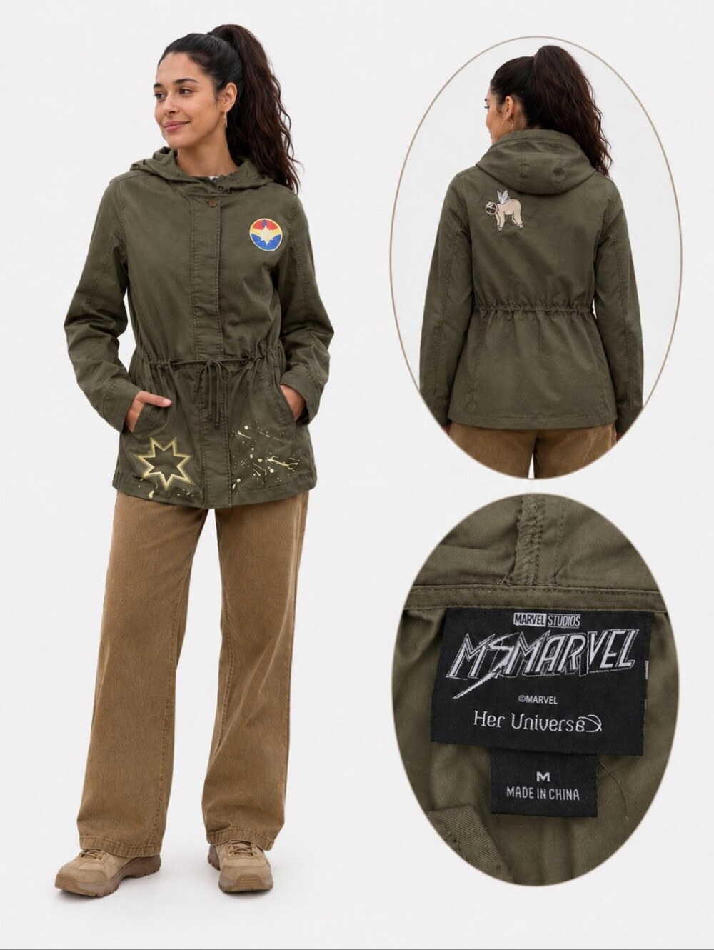 Her Universe Marvel Ms. Marvel Patch Anorak army green Whimsical Jacket Sz M